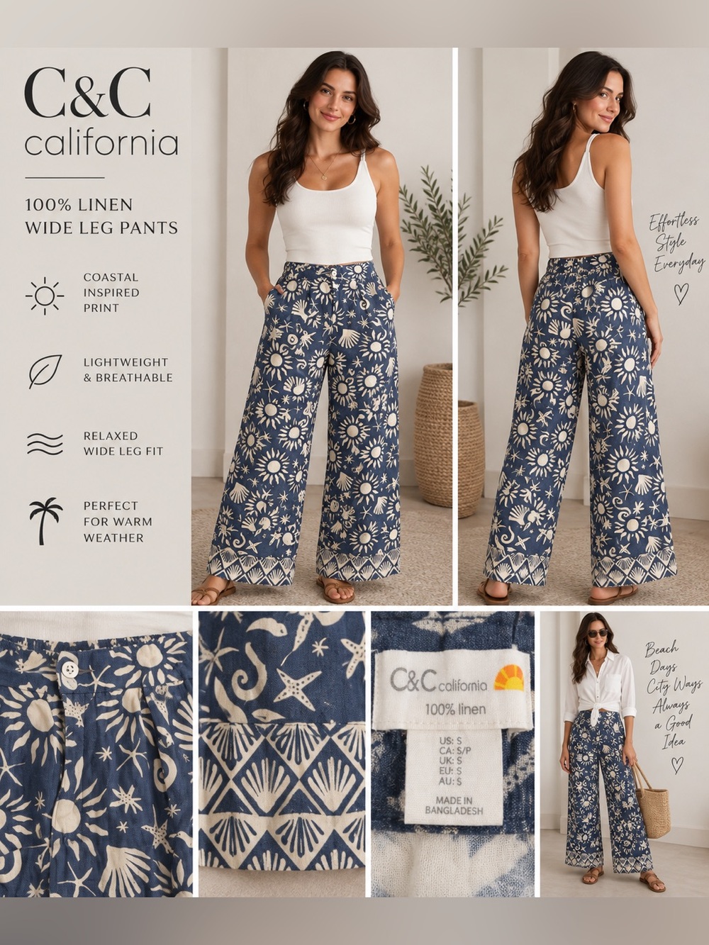 C&C California Blue and Cream Wide-Leg Linen Pants